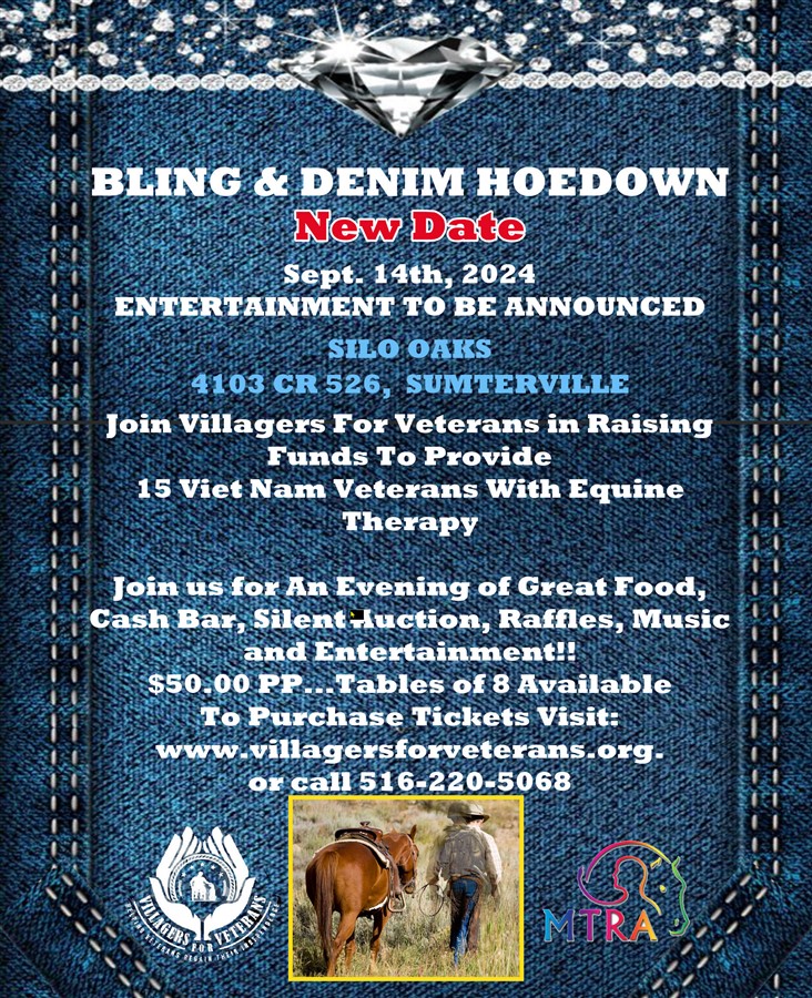 Get Information and buy tickets to BLING AND DENIM HOEDOWN  on VIllagers For Veterans
