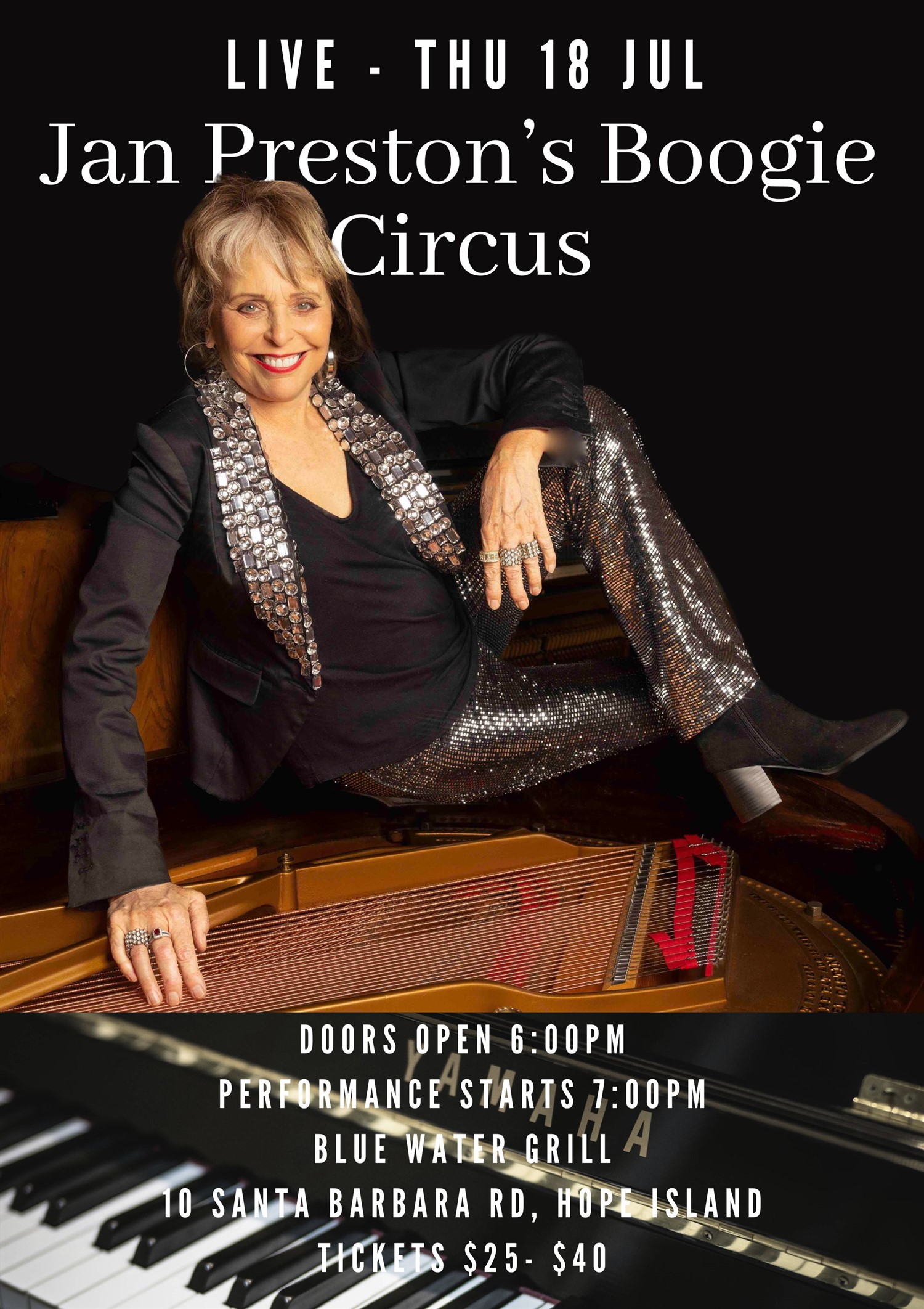 Jan Preston's Boogie Circus  on Jul 18, 18:00@Hope Island Jazz - Blue Water Grill - Buy tickets and Get information on Hope Island Jazz hopeislandjazz.com.au