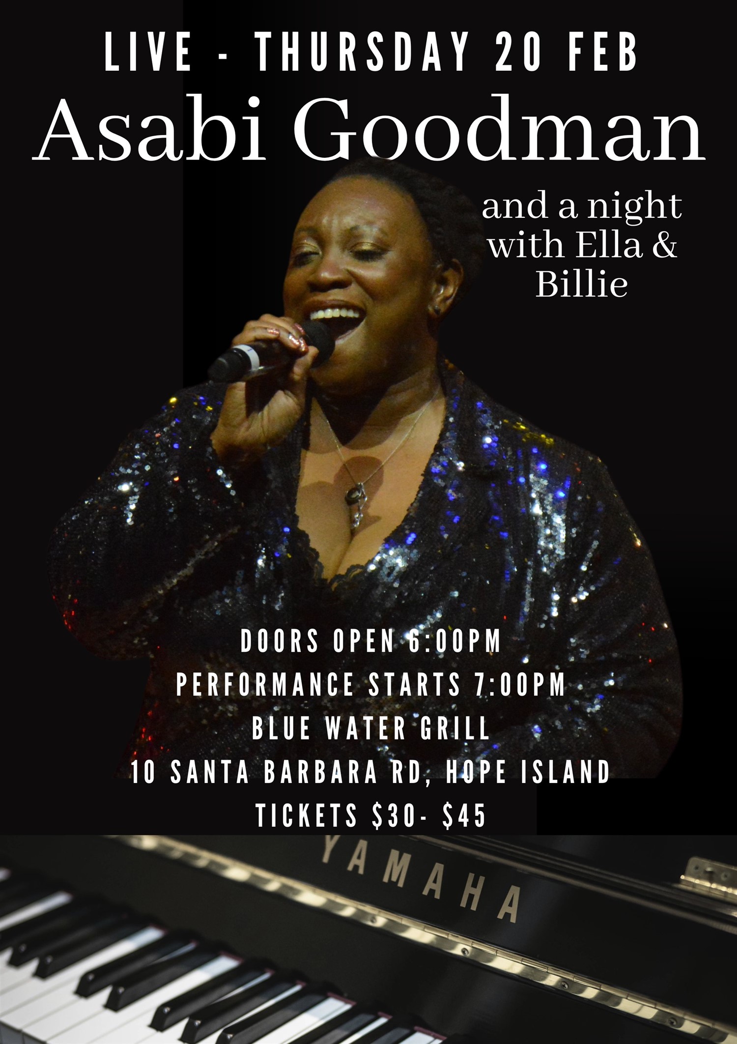 Get information & buy tickets to Asabi Goodman and a night with Ella & Billie on Feb 20, 18:00 @Hope Island Jazz - Blue Water Grill | Hope Island Jazz