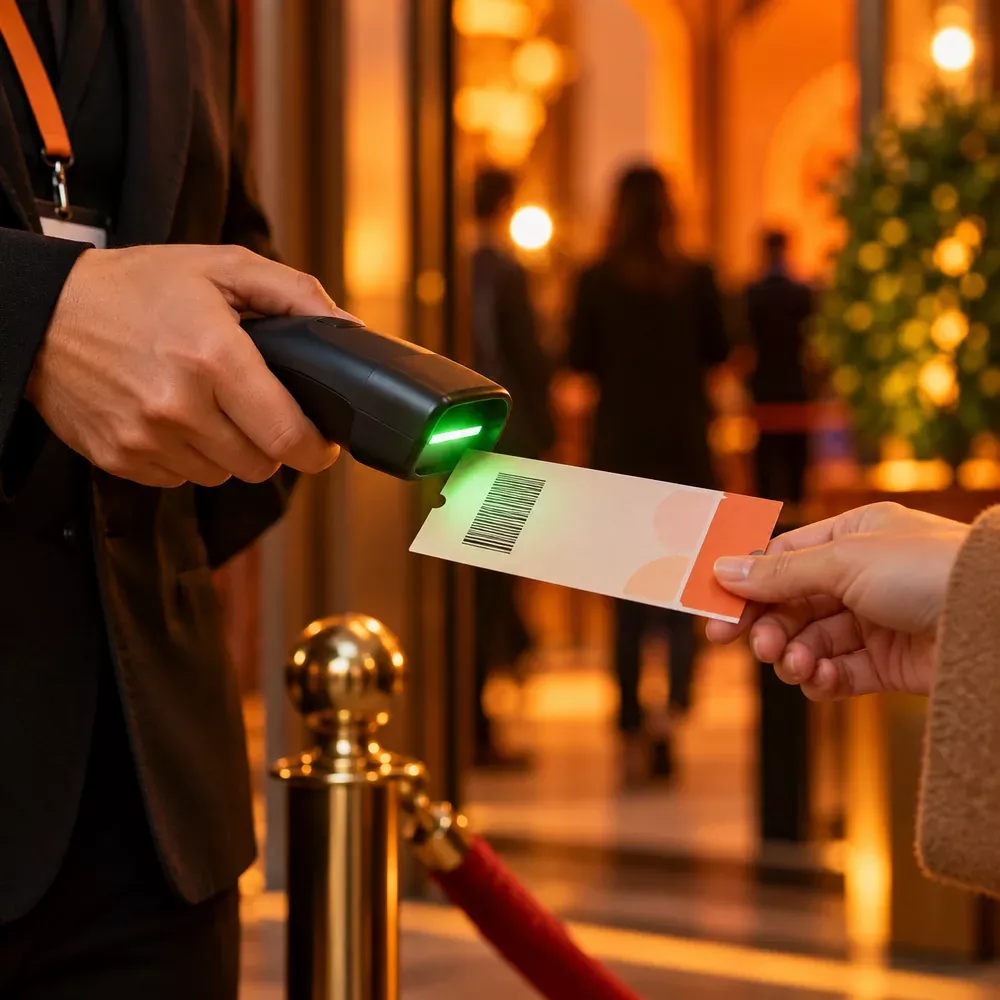 An admission ticket being scanned at a venue entrance.