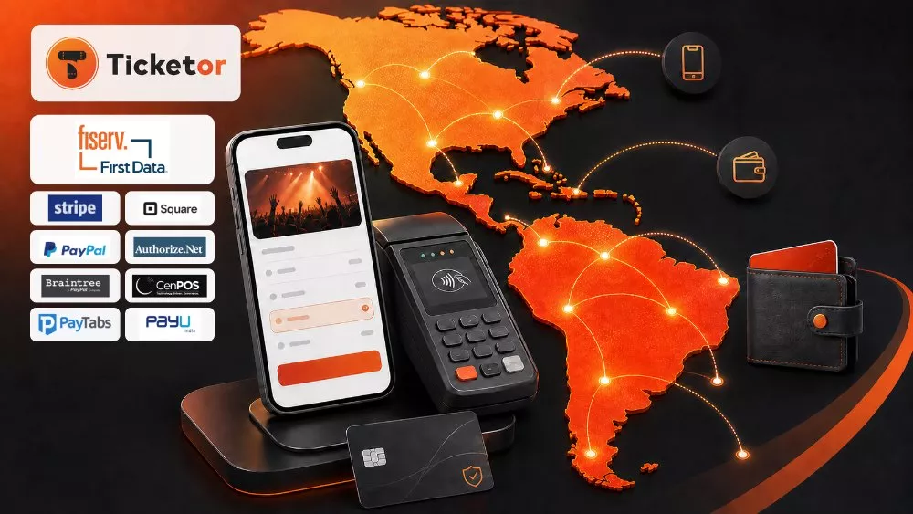 Ticketor checkout and payment terminal connected across a map of North, Central and South America
