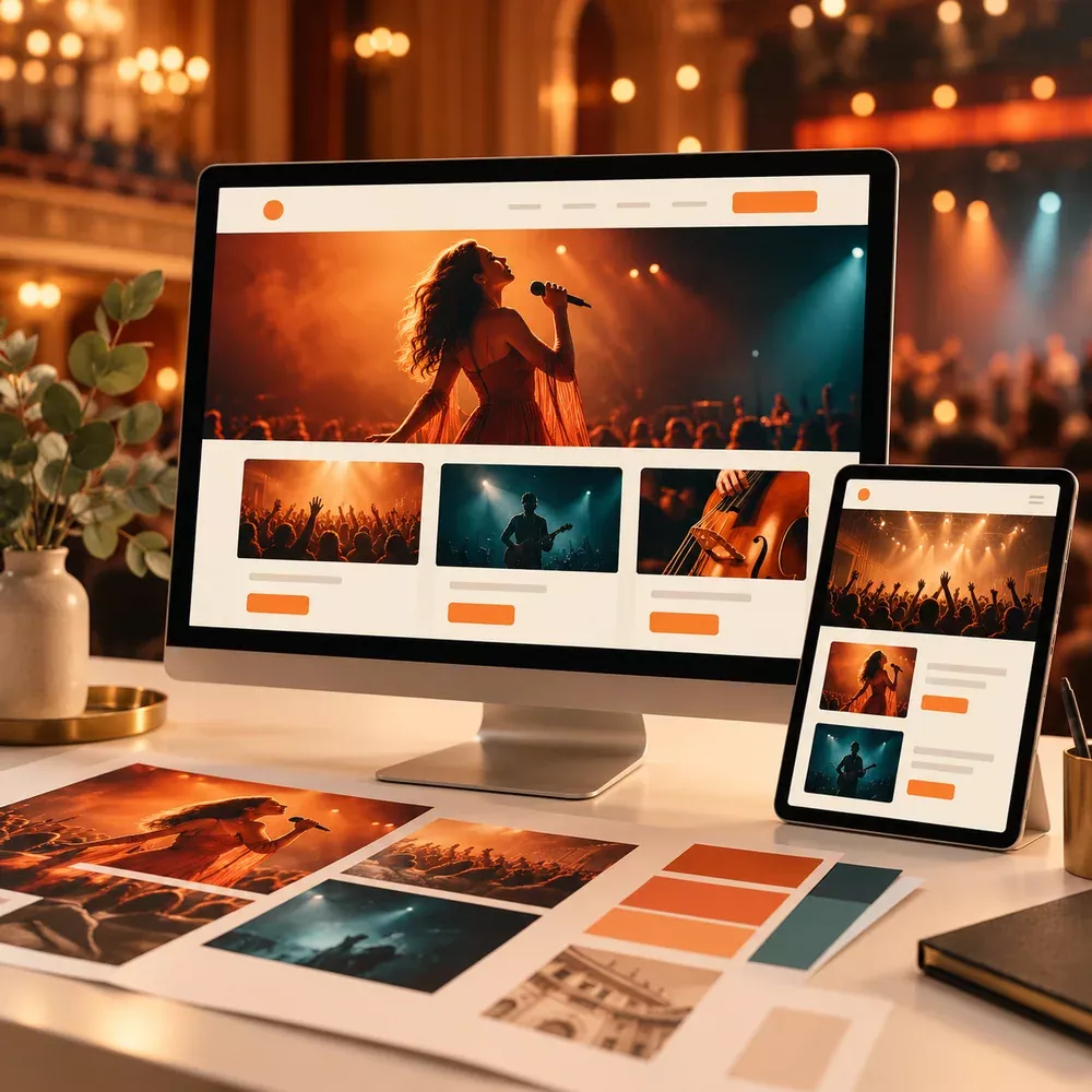 Coordinated event-website layouts on a monitor and tablet.