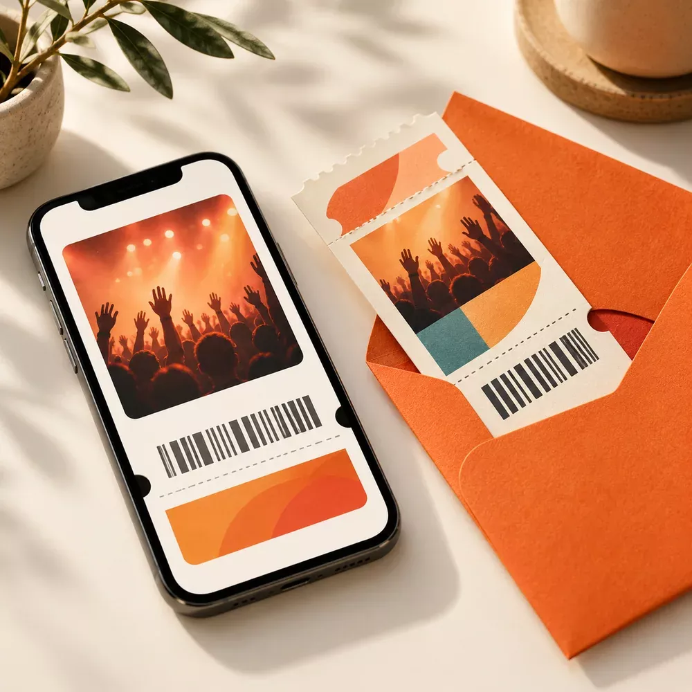 Digital and printed event tickets with an envelope.