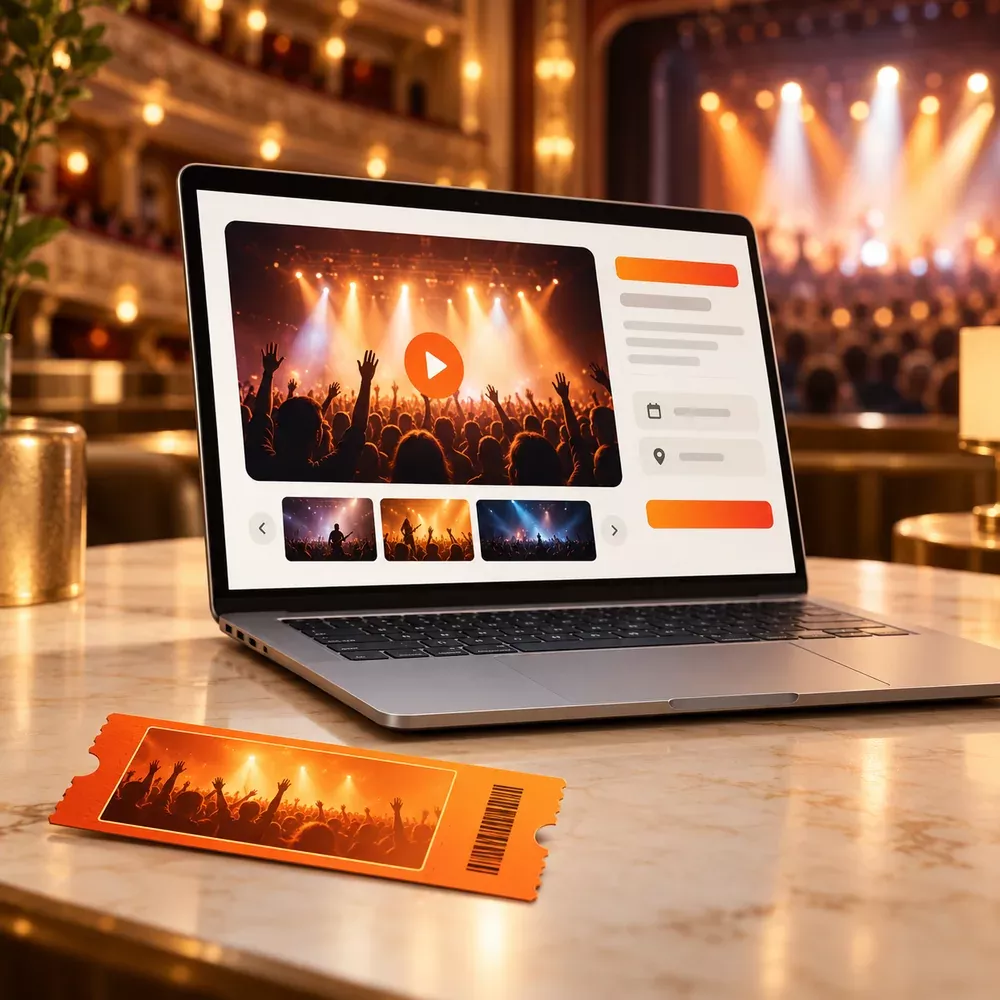 A laptop displaying an event-platform demo in a theater setting.