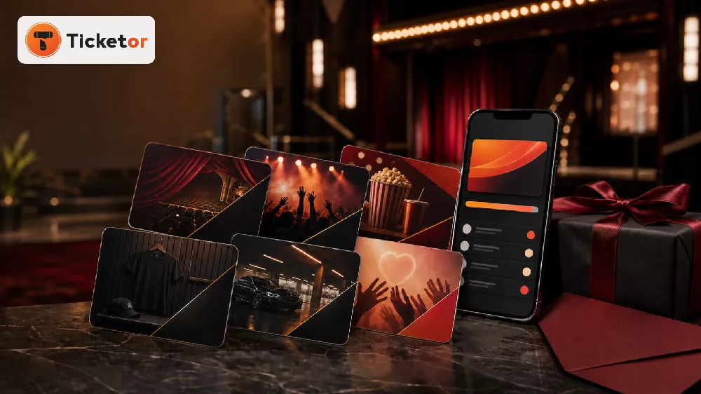 Custom venue gift cards for theater tickets, concerts, concessions, merchandise, parking and donations beside a digital balance statement