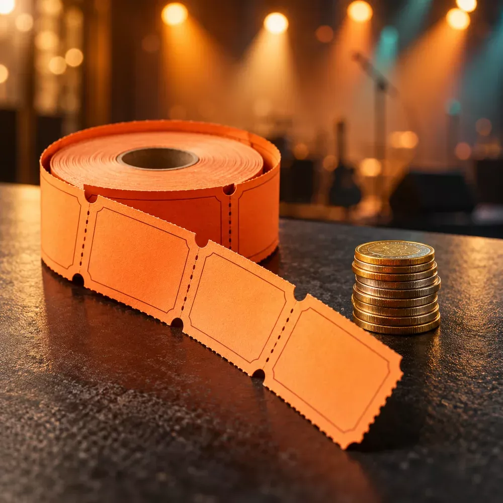 A ticket roll and coins representing ticketing fee revenue.