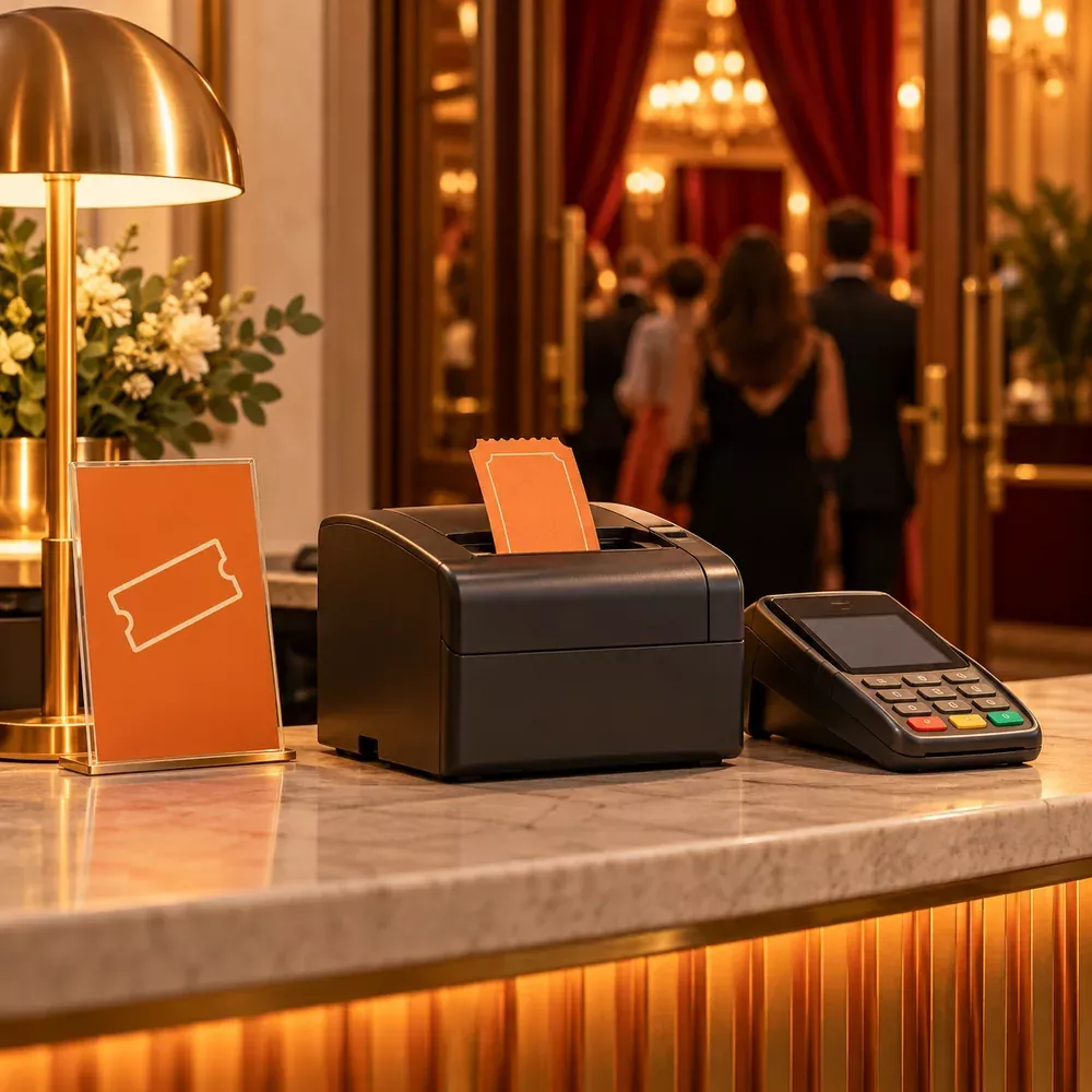 A theater ticket counter with a printer and payment terminal.