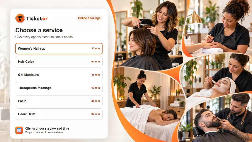 Ticketor booking screen showing salon and spa services beside a hairstylist, nail technician, massage therapist, esthetician and barber.