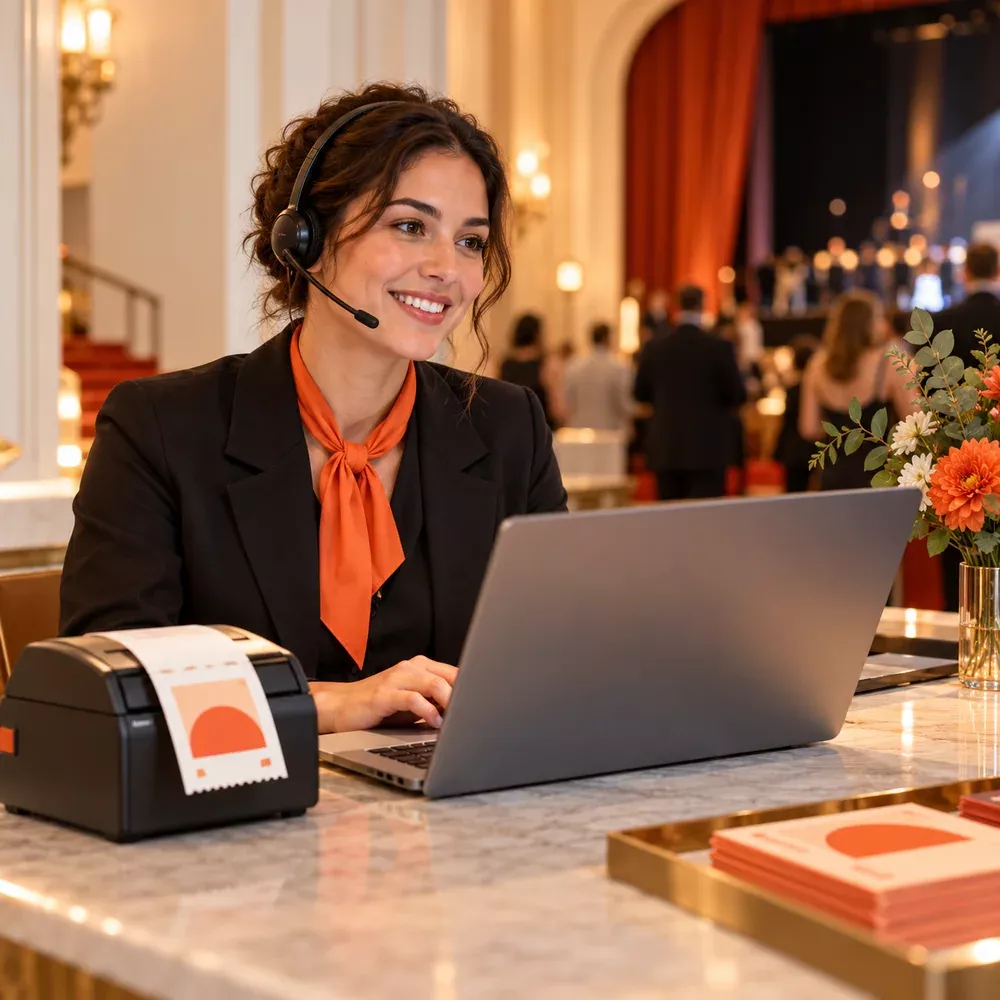 A box-office agent helping a customer by phone.