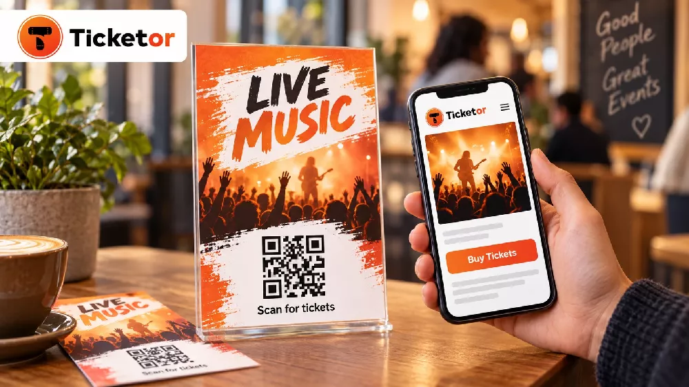 A concert flyer with a promotional QR code beside a smartphone showing the event’s online ticket purchase page.