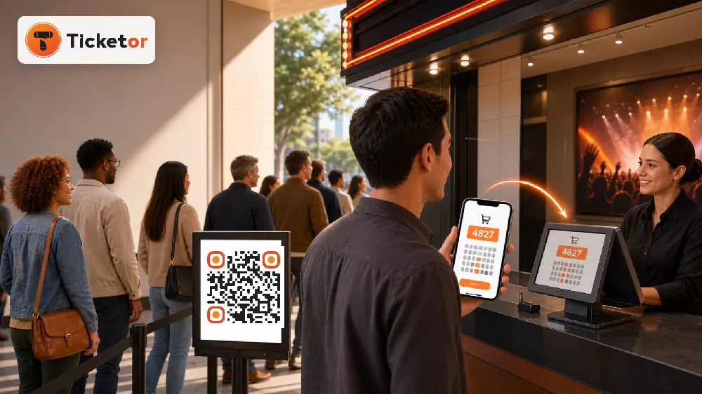 Buyer hands a self-selected mobile ticket cart to a box-office agent using Ticketor POS