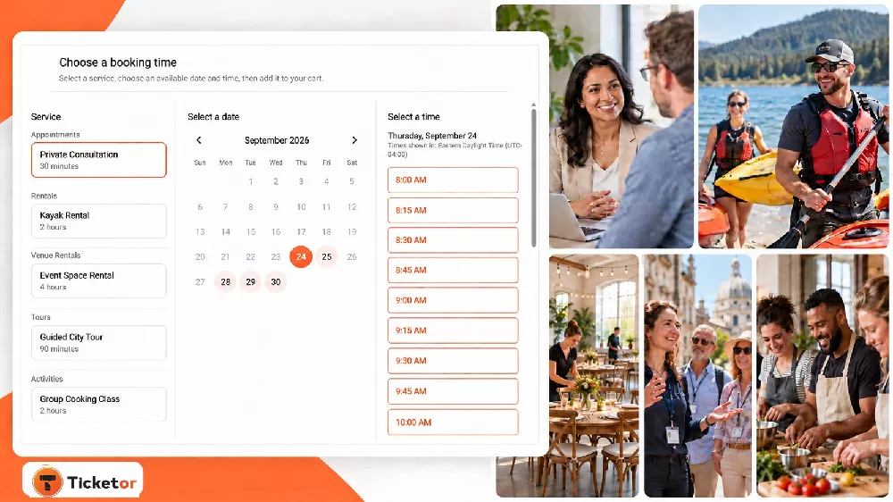 Ticketor booking calendar showing an appointment, kayak rental, venue rental, guided tour, and group activity in one branded platform.