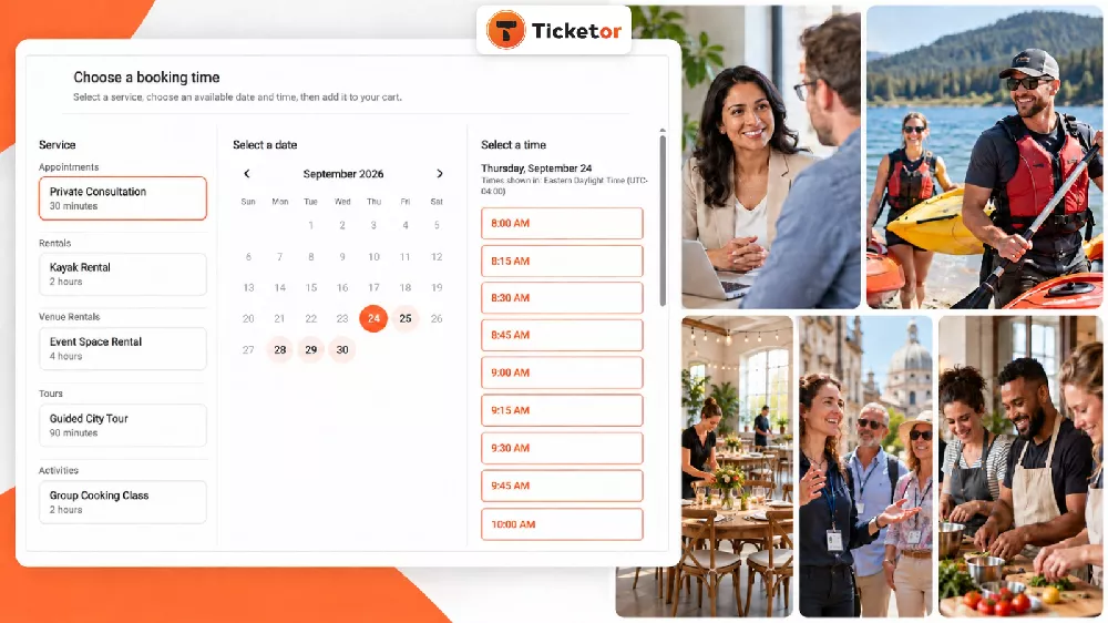 Ticketor booking calendar beside photos of a consultation, kayak rental, venue rental, guided tour and group cooking class.
