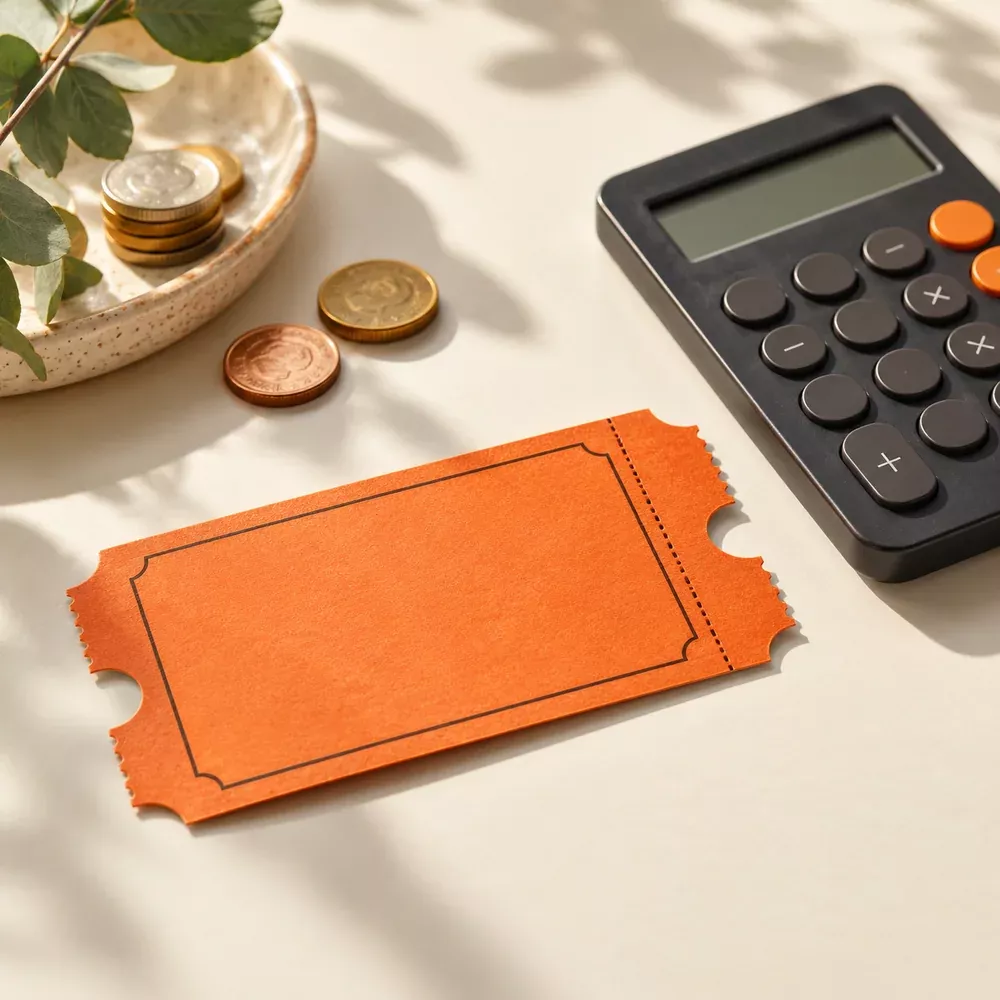 An event ticket beside a calculator and coins.