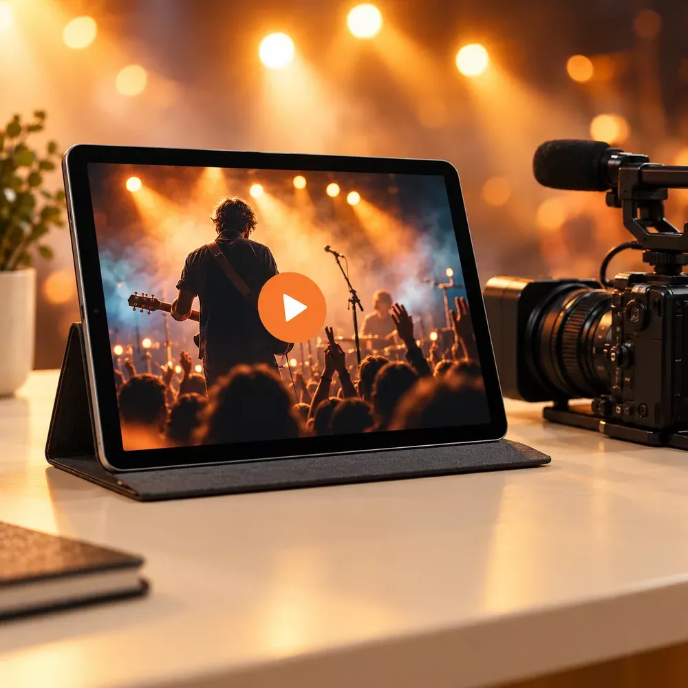 A concert viewed on a tablet beside a video camera.