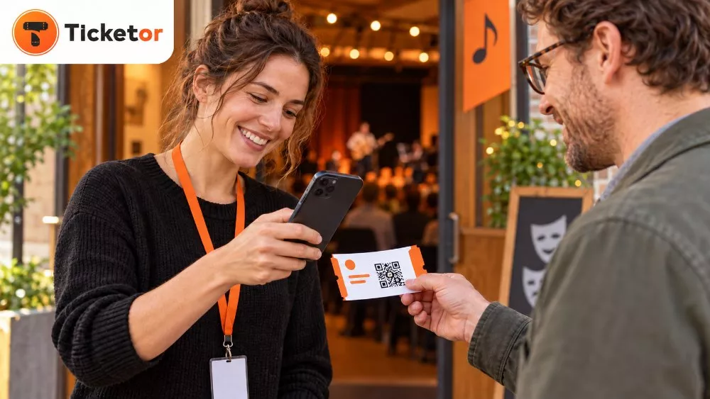An event volunteer uses a smartphone to scan a guest’s printed QR-code ticket at a welcoming venue entrance.