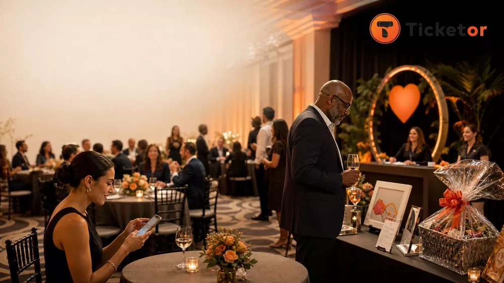 Guests participating in a silent auction during a nonprofit gala powered by Ticketor