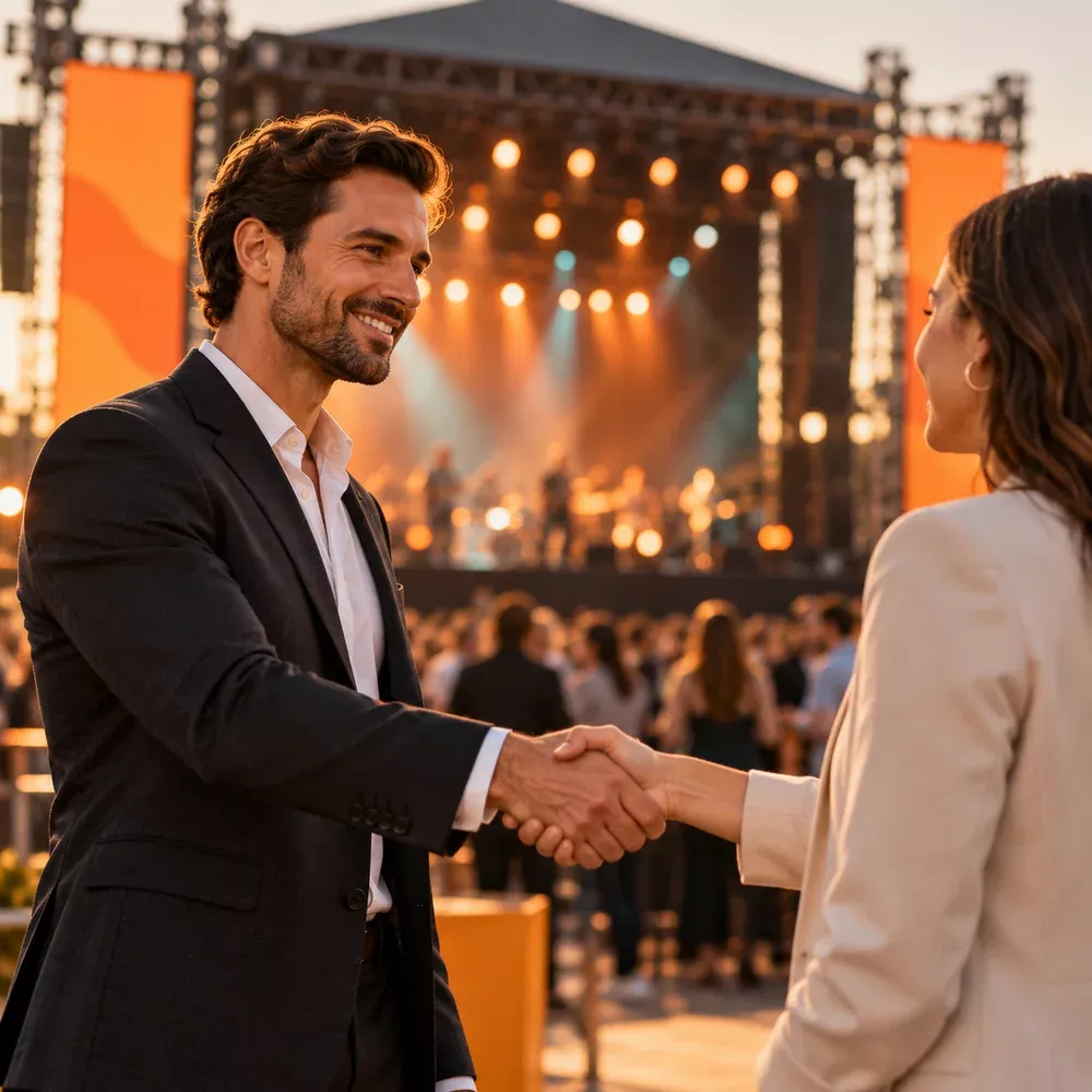 Event partners shaking hands in a venue.