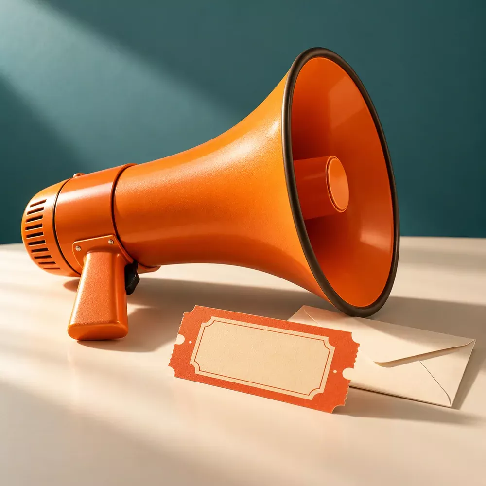 A megaphone, ticket and envelope representing event promotion.