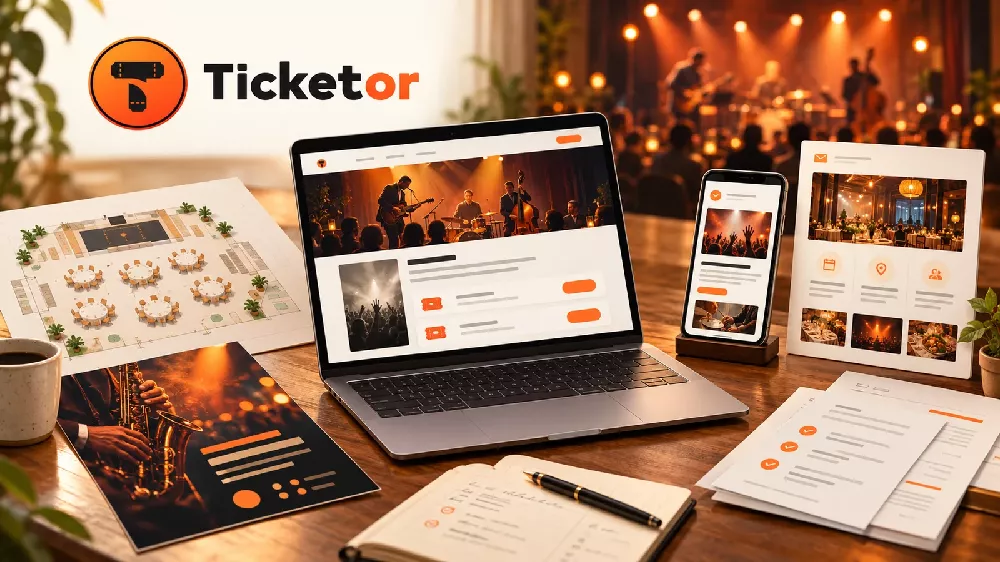 Ticketor's connected AI workspace illustrated with an event page, seating plan, newsletter, flyer and organized response documents.