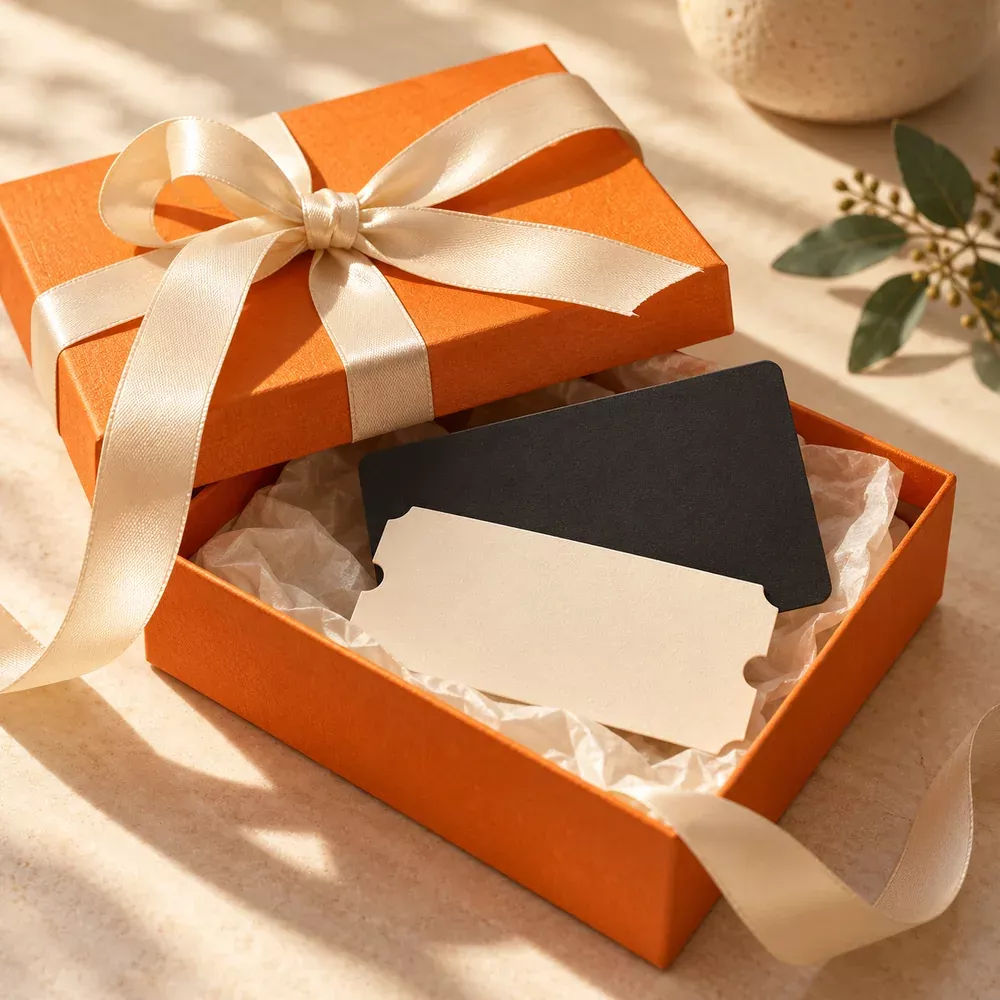 A gift card presented in an orange gift box.