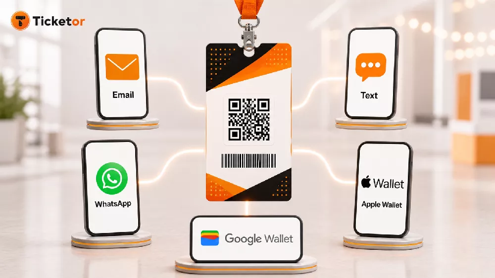 A branded Ticketor event ticket with a scannable QR code surrounded by email, text, WhatsApp, Google Wallet and Apple Wallet choices.