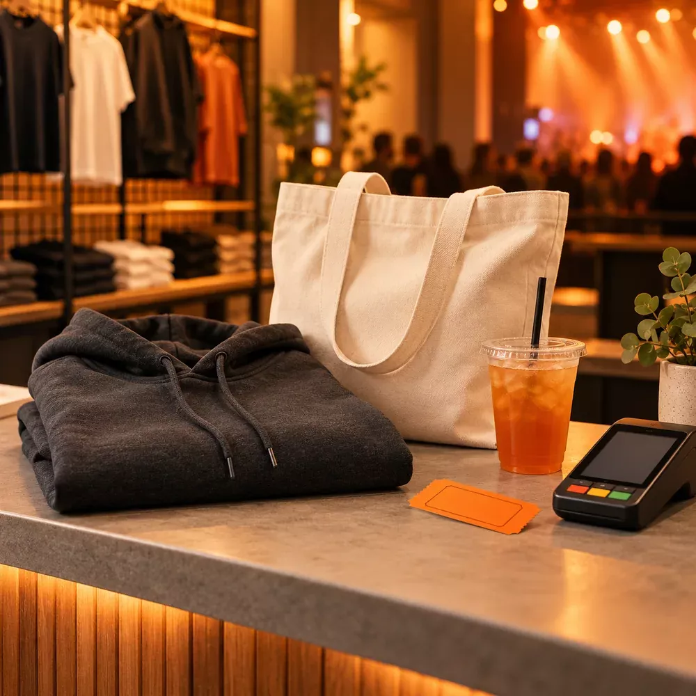 Merchandise, refreshments and a card terminal at an event counter.