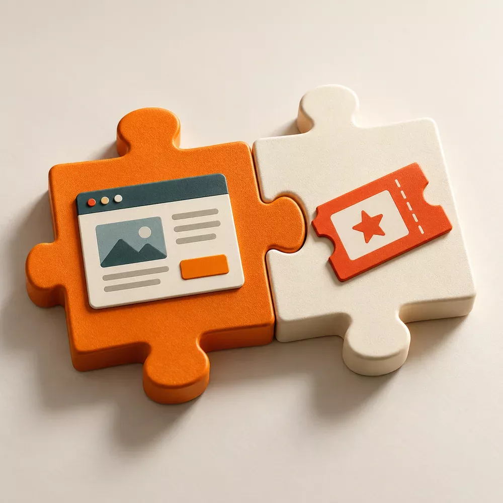 Website and ticketing elements joining together like puzzle pieces.