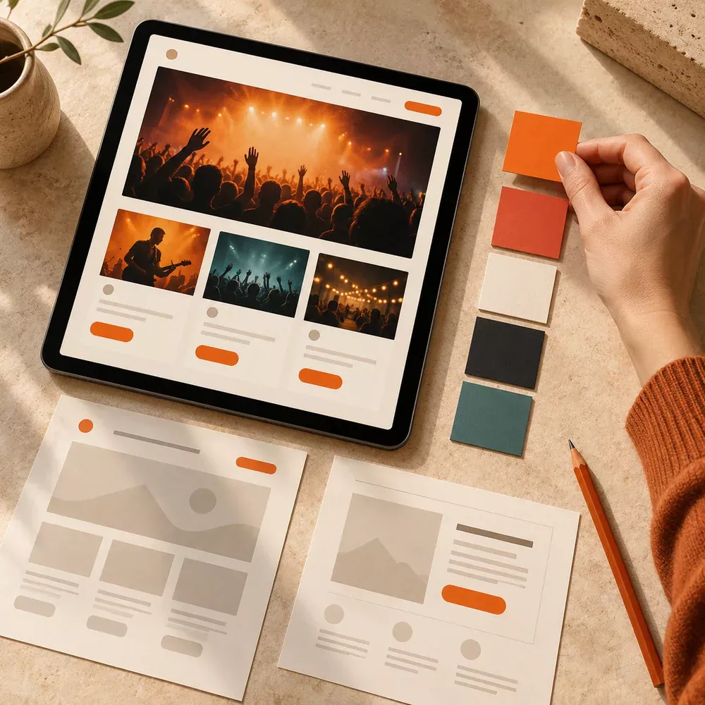 A designer arranging colors and an event-page layout.