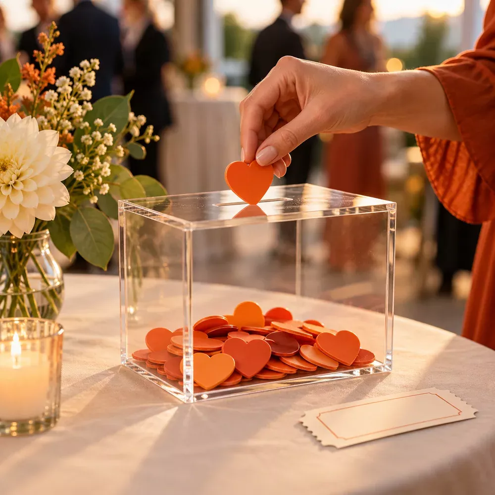 A heart-shaped donation token being added to a collection box.