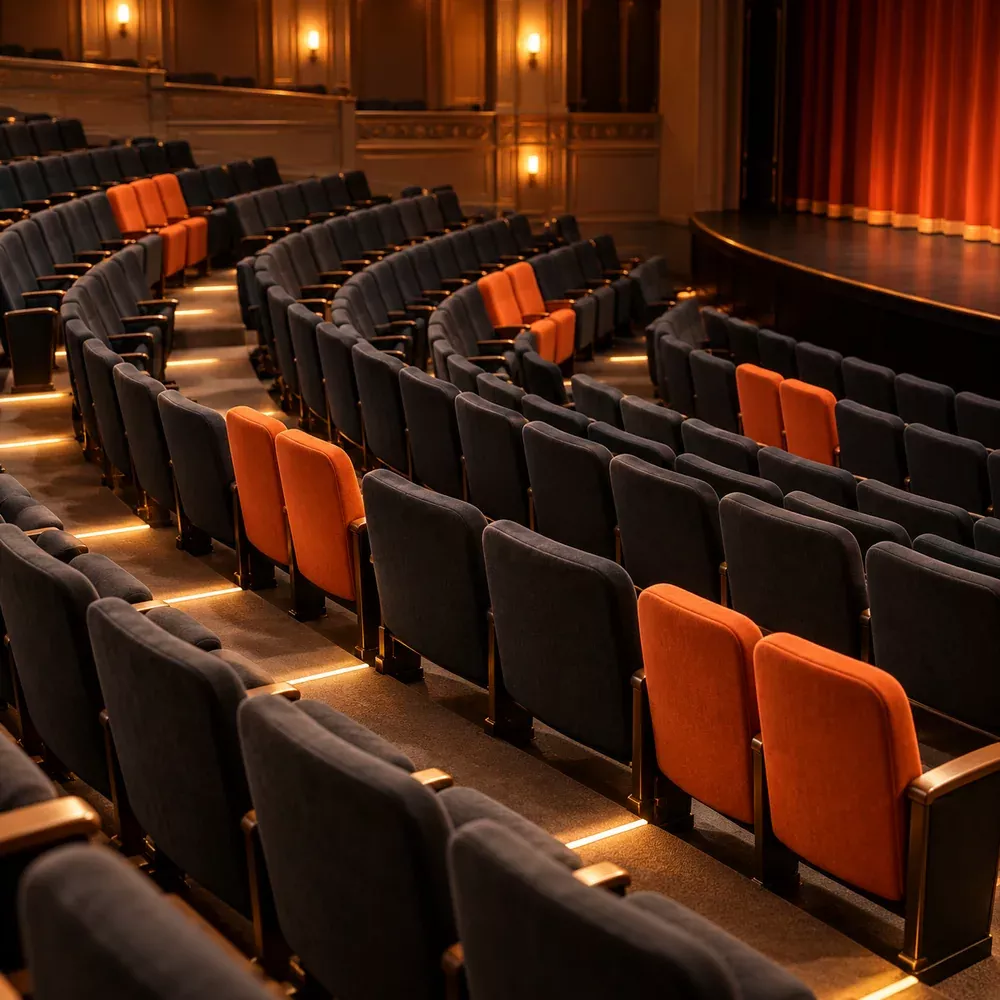 Orange seat pairs separated by groups of charcoal theater seats.
