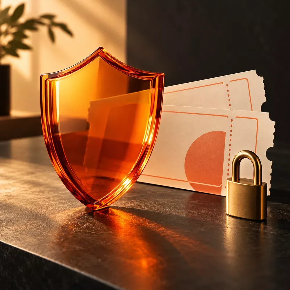 A shield and lock protecting event tickets.
