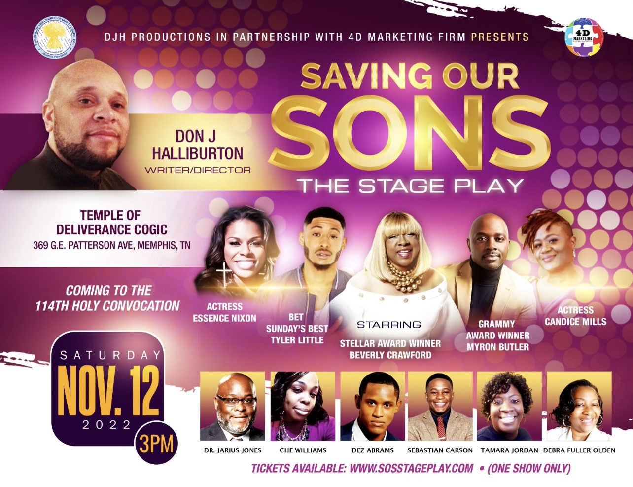 SAVING OUR SONS: THE STAGE PLAY STARRING BEVERLY CRAWFORD, MYRON BUTLER, TYLER LITTLE, ESSENCE NIXON on Nov 12, 15:00@TEMPLE OF DELIVERANCE COGIC - Buy tickets and Get information on SAVING OUR SONS: THE STAGE PLAY  sosstageplay.com