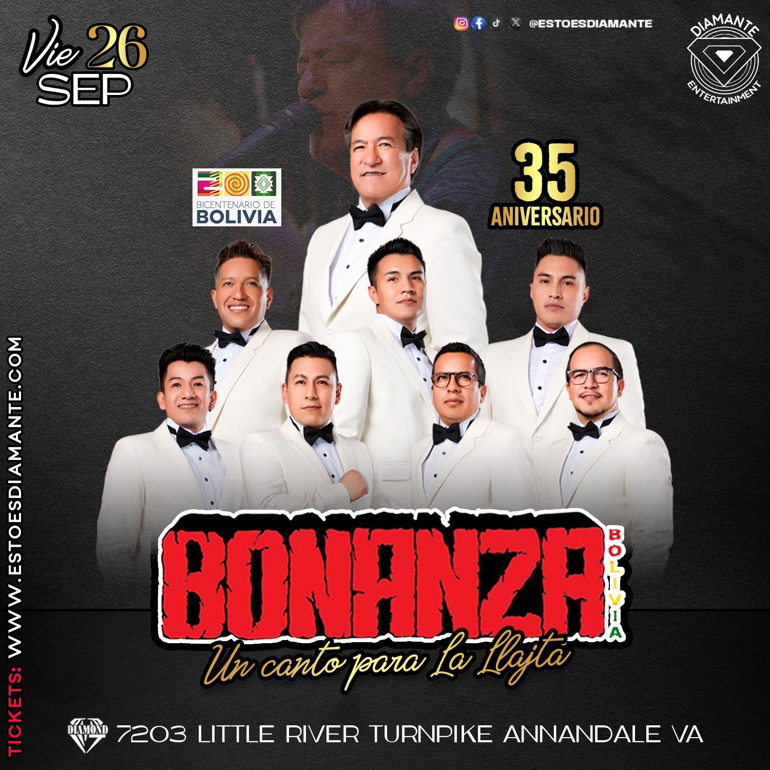 Get information, pick a seat & buy tickets toBONANZA EN CONCIERTO VIRGINIA on Sep 26, 21:00 @DIAMOND LOUNGE | Diamante Entertainment