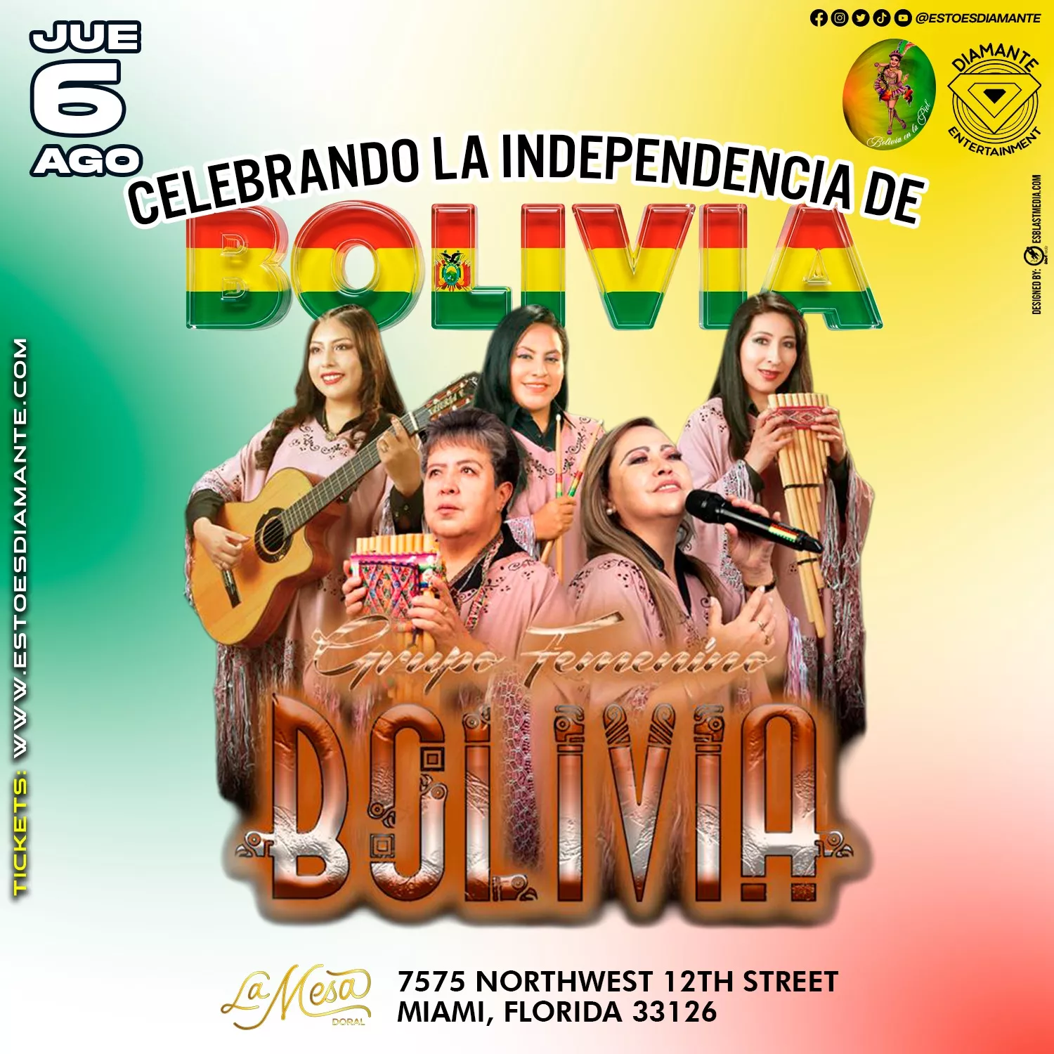 Obtenez des informations, choisissez un siège et achetez des billets pour GRUPO FEMENINO BOLIVIA MIAMI on Aug 06, 20:00 @LA MESA (EL DORAL) | estoesdiamante