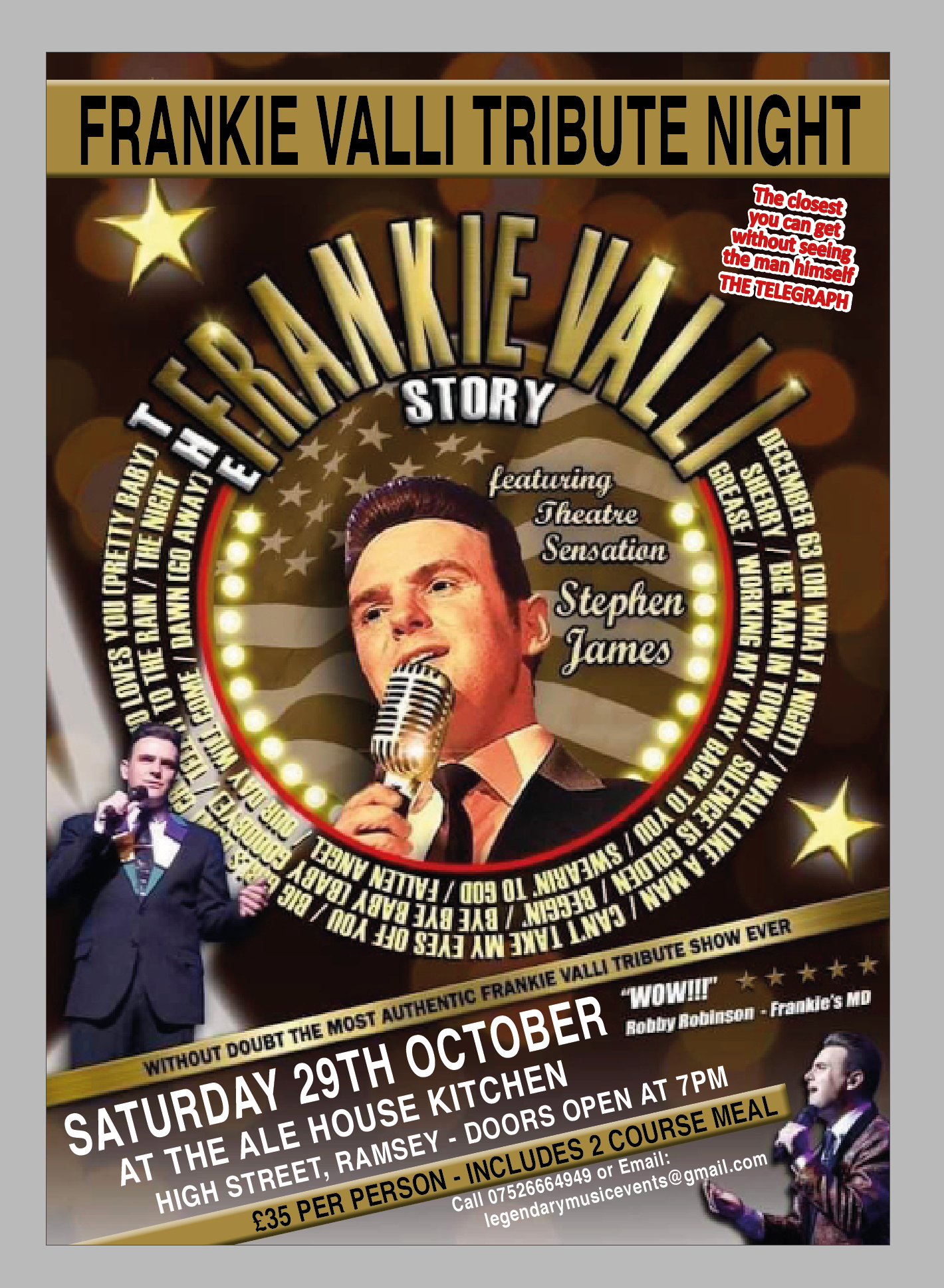Frankie Valli Tribute inc 2 Course Meal  on oct. 29, 19:00@The Ale House Kitchen - Buy tickets and Get information on whittlesey music nights 