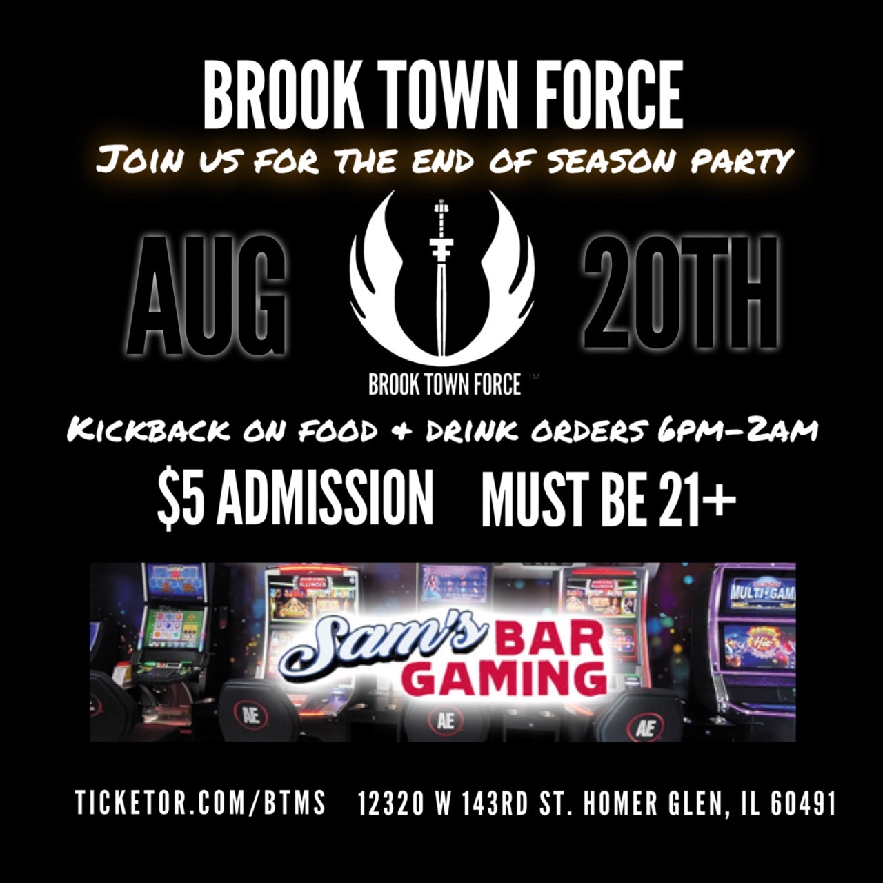 End Of The Season Party 21 & up admission only! Must buy ticket for entry! Raffles available through ticketing only! on ago. 20, 18:00@Sam’s Bar & Gaming - Buy tickets and Get information on BTMS LLC 