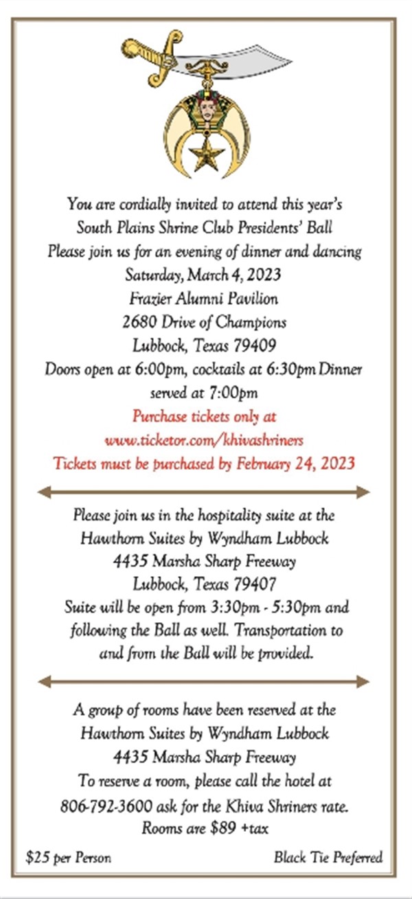 Get Information and buy tickets to South Plains Shrine Club Presidents Ball  on Khiva Shriners