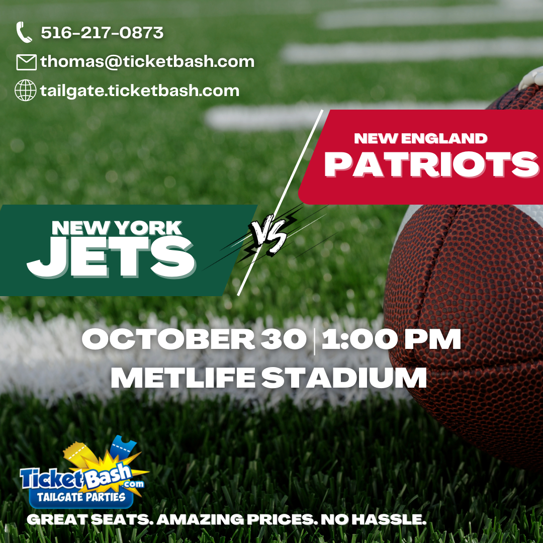 Jets vs Patriots Tailgate Bus and Party  on oct. 30, 13:00@MetLife Stadium - Buy tickets and Get information on Ticketbash Tailgate Parties events.ticketbash.com
