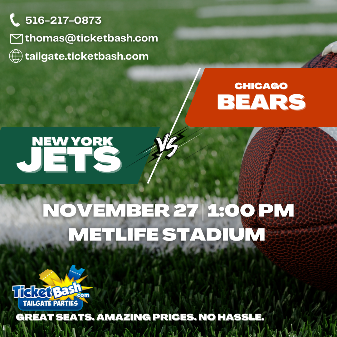 Jets vs Bears Tailgate Bus and Party  on Nov 27, 13:00@MetLife Stadium - Buy tickets and Get information on Ticketbash Tailgate Parties events.ticketbash.com