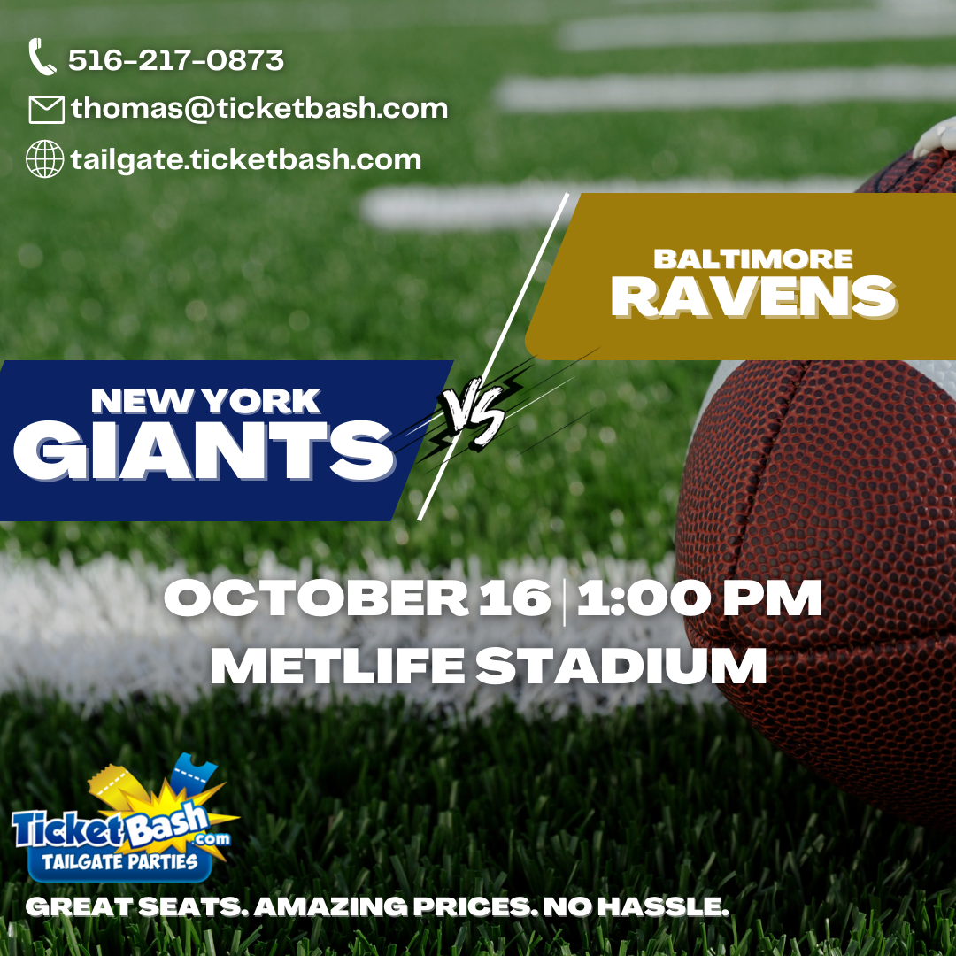 Giants vs Ravens Tailgate Bus and Party  on oct. 16, 13:00@MetLife Stadium - Compra entradas y obtén información enTicketbash Tailgate Parties events.ticketbash.com