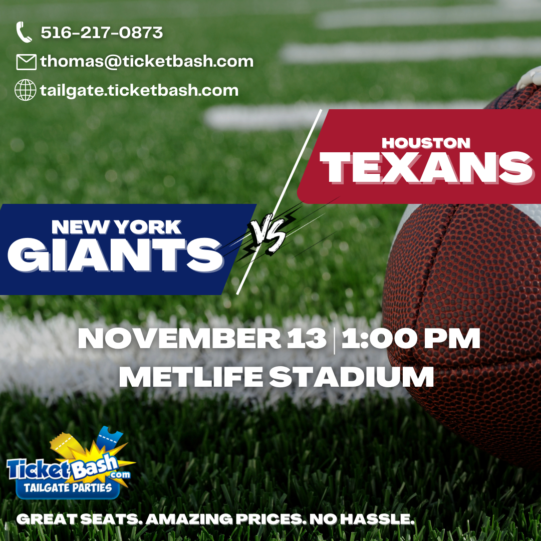 Giants vs Texans Tailgate Bus and Party  on nov. 13, 13:00@MetLife Stadium - Buy tickets and Get information on Ticketbash Tailgate Parties events.ticketbash.com
