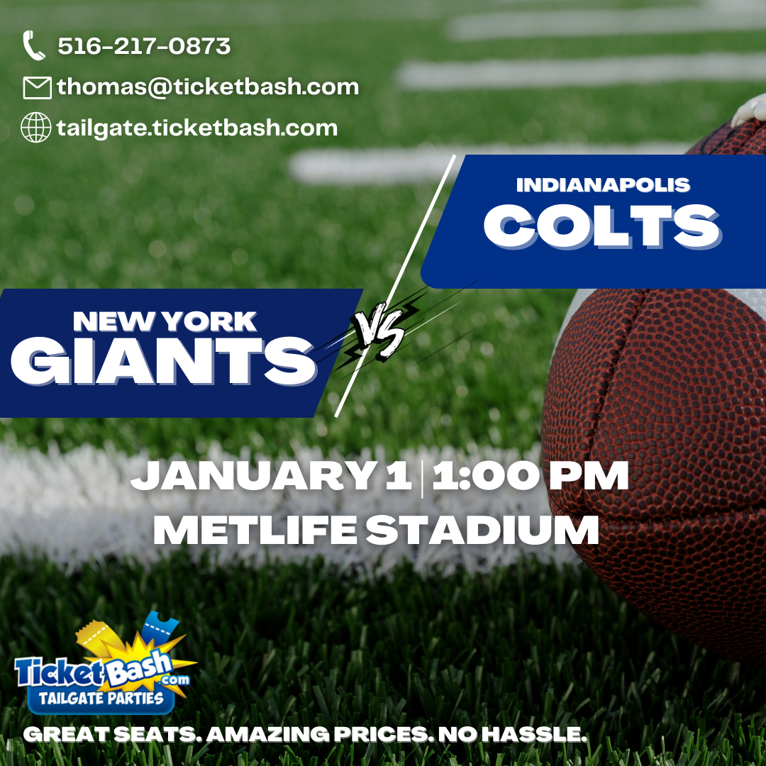 Giants vs Colts Tailgate Bus and Party  on Jan 01, 13:00@MetLife Stadium - Buy tickets and Get information on Ticketbash Tailgate Parties events.ticketbash.com