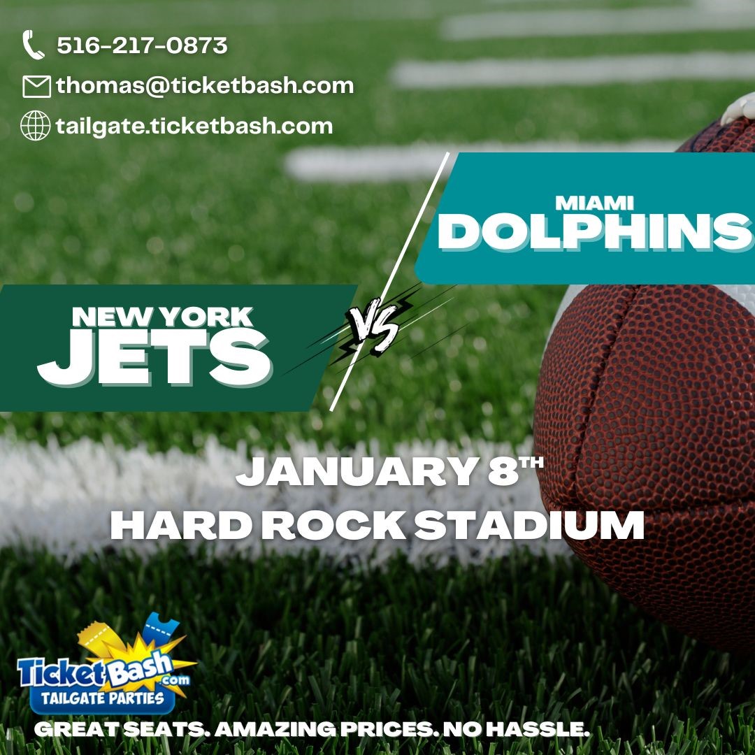 Jets vs Dolphins Tailgate Party  on Jan 08, 10:00@Hard Rock Stadium Bus Parking Lot - Buy tickets and Get information on Ticketbash Tailgate Parties events.ticketbash.com