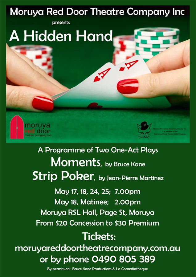 Get Information and buy tickets to A Hidden Hand ~ Table Seating Four Night Shows: 17, 18, 24, 25 May; BYO Drinks & Nibblies on Moruya Red Door Theatre