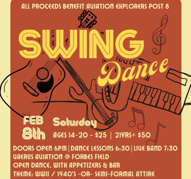 Get information & buy tickets to Aviation Explorer Squadron 8 - 2025 Swing Dance Annual fundraiser night of 1940s era Swing Dance and Music. on Feb 08, 18:00 @Vaerus Aviation