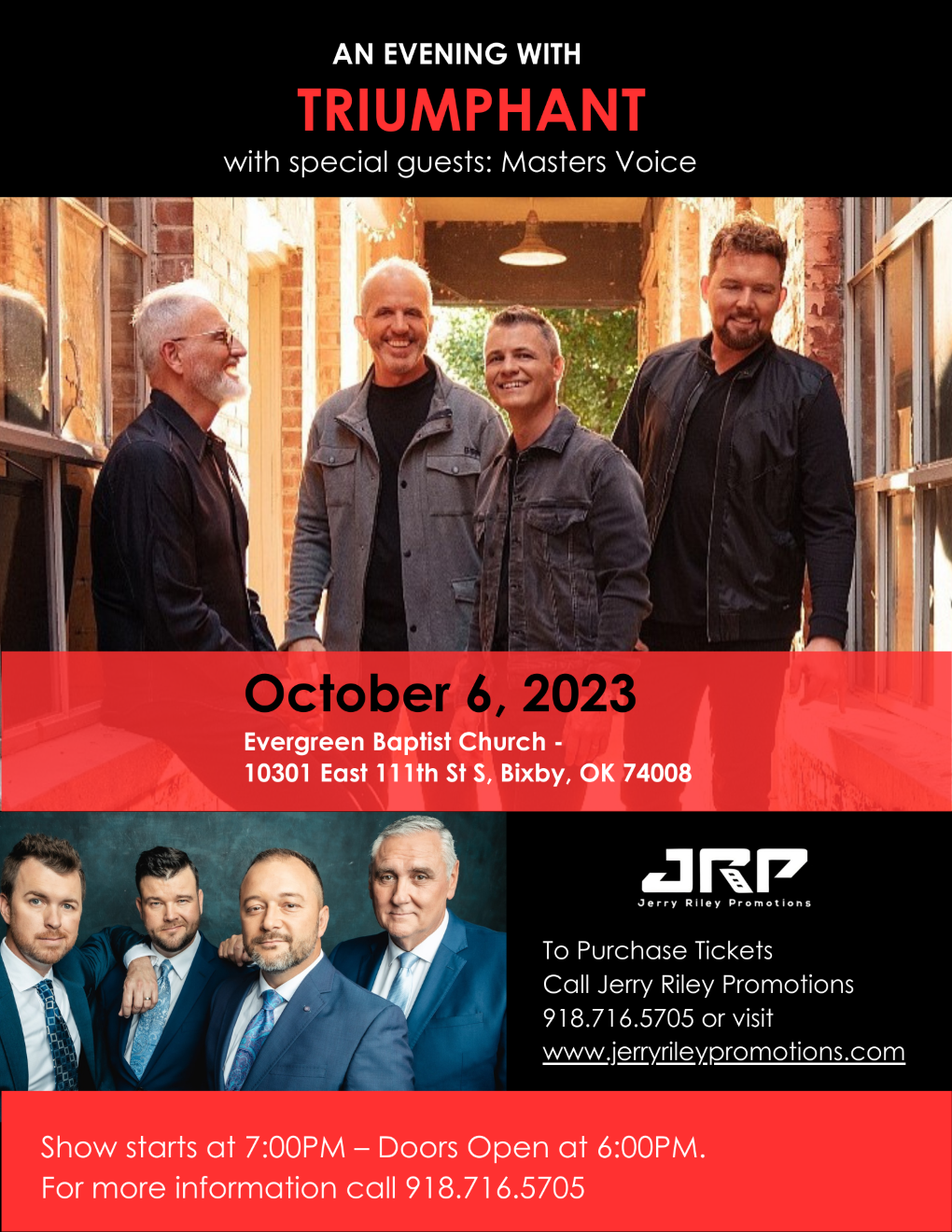 An Evening with Triumphant Quartet and Special Guest Masters Voice on Oct 06, 19:00@Evergreen Baptist Church - Buy tickets and Get information on Jerry Riley Promotions 