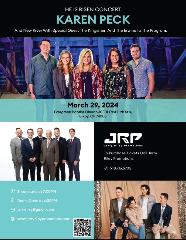 He Is Risen Concert with Karen Peck and Special Guest The Kingsmen and The Erwins on Mar 29, 19:00@Evergreen Baptist Church - Buy tickets and Get information on Jerry Riley Promotions 