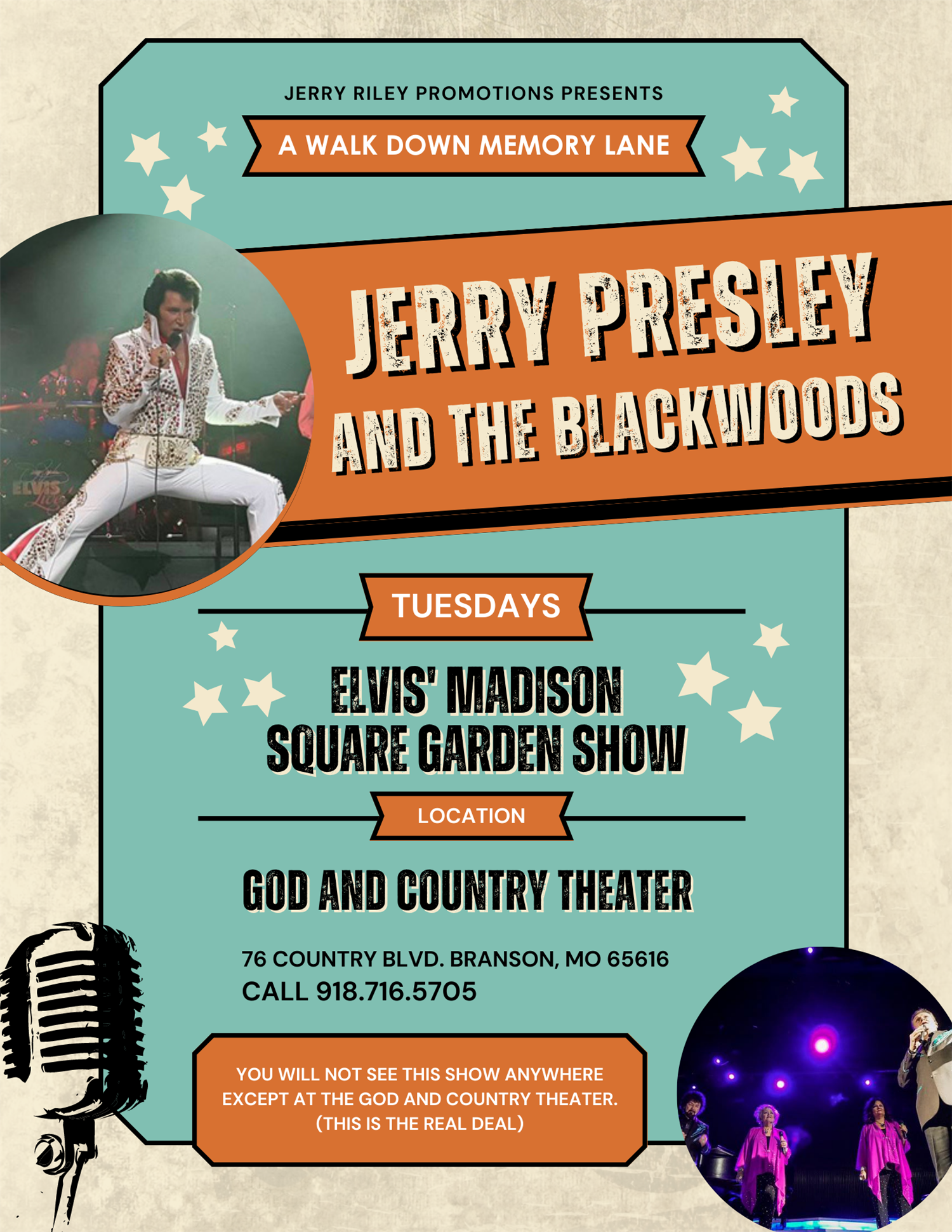 Jerry Presley & The Blackwoods Recreate Elvis Presley's Madison Square Garden Concert Every Tuesday on Nov 27, 00:00@God and Country Theater - Pick a seat, Buy tickets and Get information on Jerry Riley Promotions 