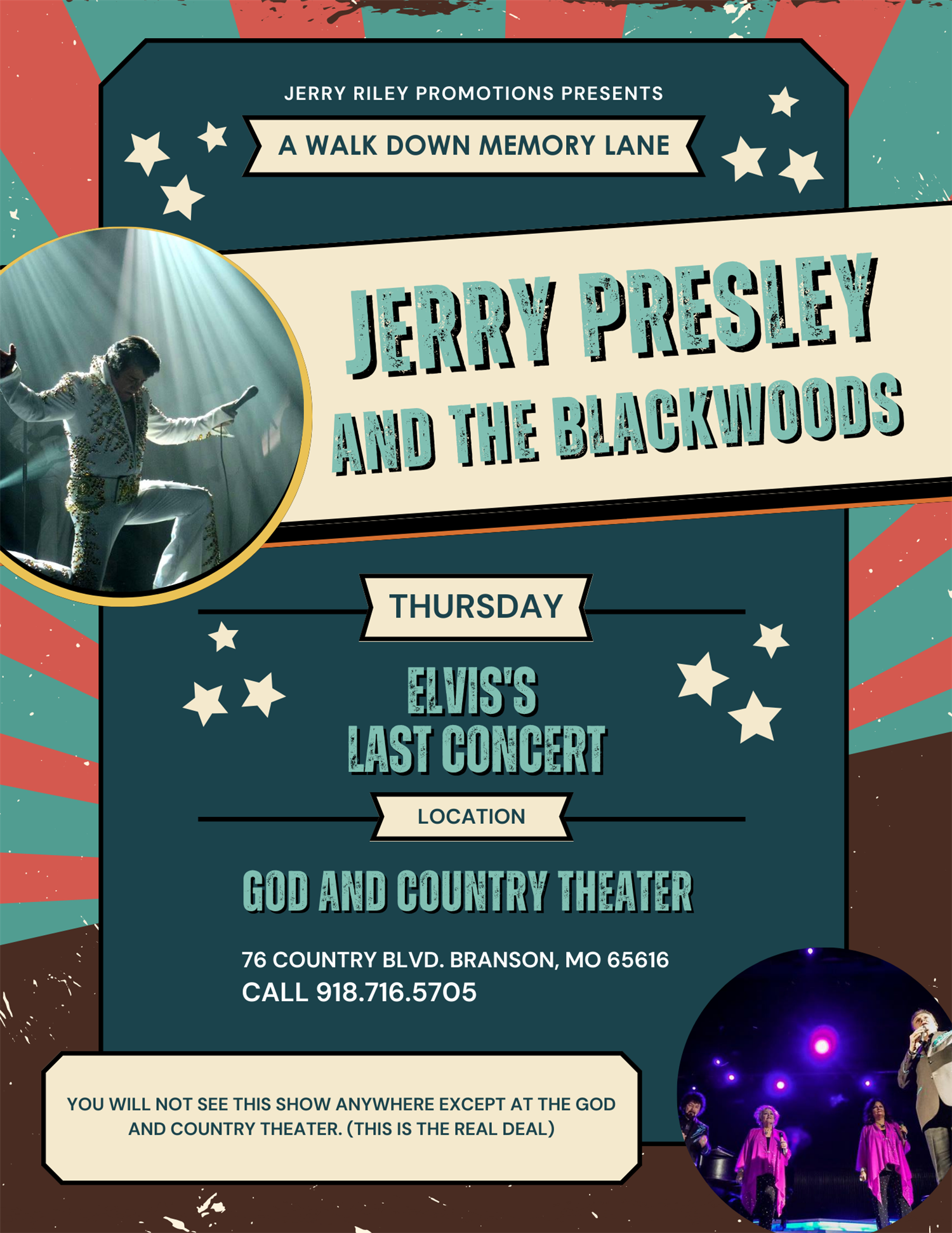 Jerry Presley & The Blackwoods Perform Elvis' Last Concert Every Thursday on Oct 02, 00:00@God and Country Theater - Pick a seat, Buy tickets and Get information on Jerry Riley Promotions 